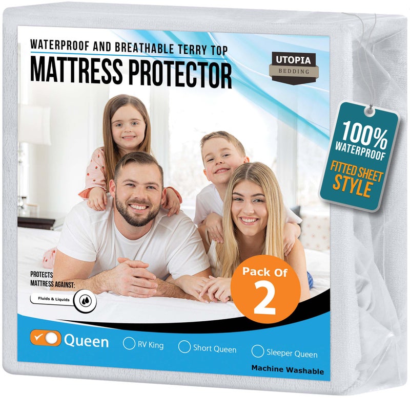 Utopia Bedding Waterproof Mattress Protector Queen Size 2 Pack, Premium 200 GSM Terry Mattress Cover, Soft & Breathable Bed Cover, Fitted Sheet Style with Stretchable Deep Pockets 17" (White) - Image 1
